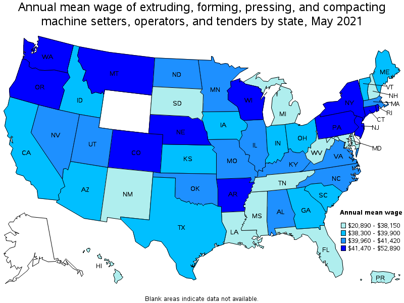 Map of annual mean wages of extruding, forming, pressing, and compacting machine setters, operators, and tenders by state, May 2021