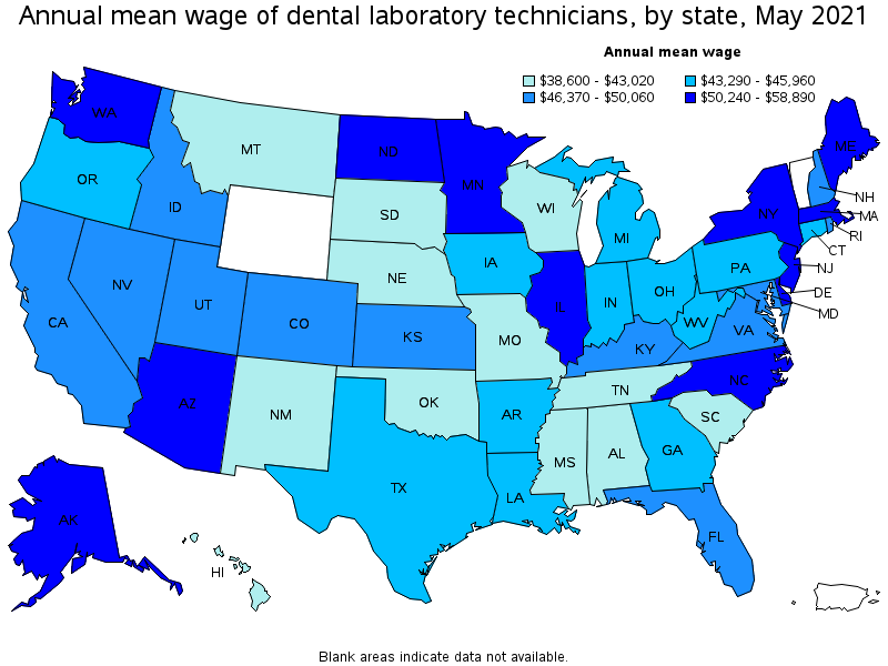 Map of annual mean wages of dental laboratory technicians by state, May 2021