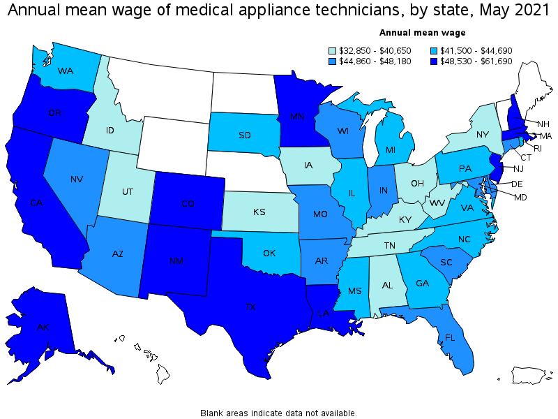 Map of annual mean wages of medical appliance technicians by state, May 2021