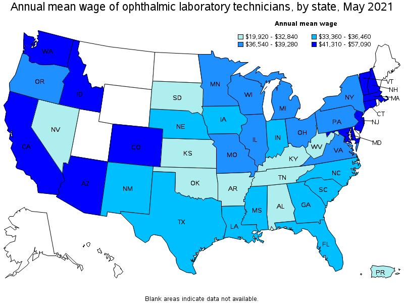 Map of annual mean wages of ophthalmic laboratory technicians by state, May 2021