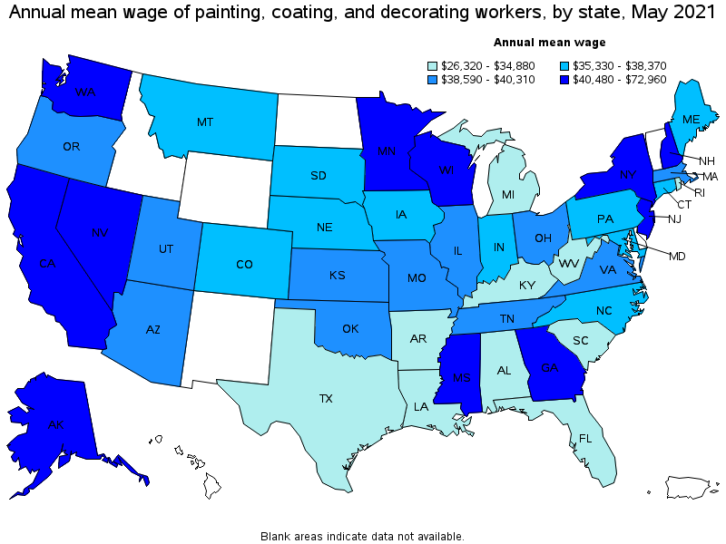 Map of annual mean wages of painting, coating, and decorating workers by state, May 2021