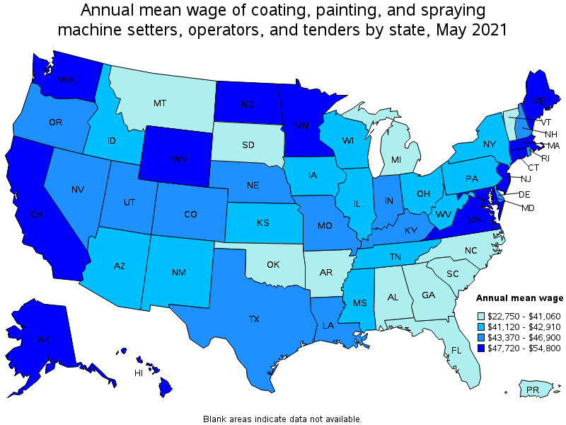 Map of annual mean wages of coating, painting, and spraying machine setters, operators, and tenders by state, May 2021