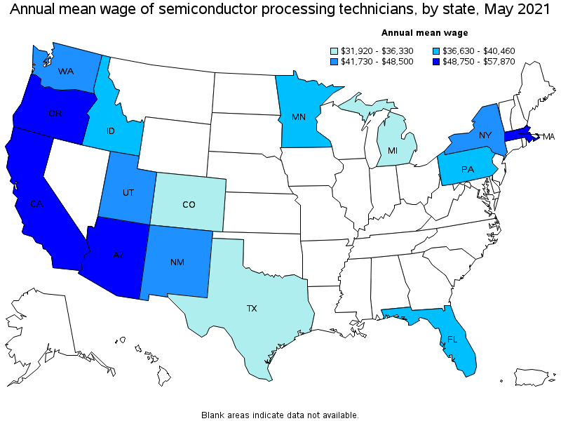 Map of annual mean wages of semiconductor processing technicians by state, May 2021