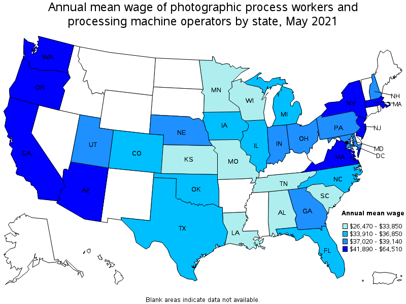 Map of annual mean wages of photographic process workers and processing machine operators by state, May 2021