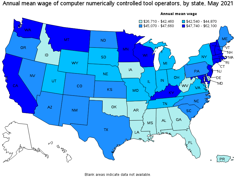 Map of annual mean wages of computer numerically controlled tool operators by state, May 2021