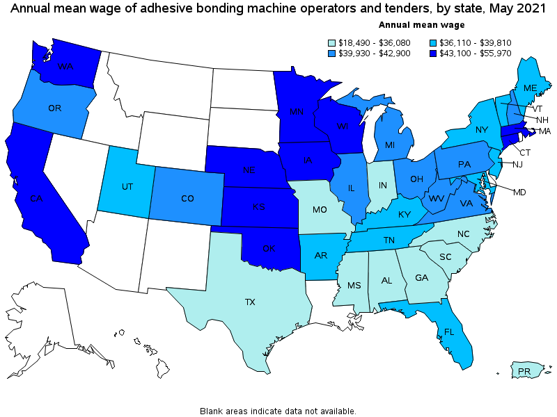 Map of annual mean wages of adhesive bonding machine operators and tenders by state, May 2021