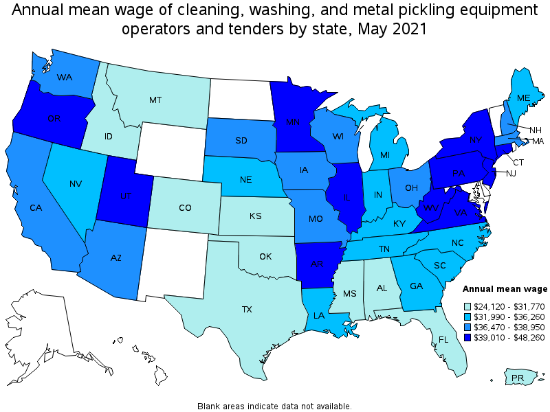 Map of annual mean wages of cleaning, washing, and metal pickling equipment operators and tenders by state, May 2021