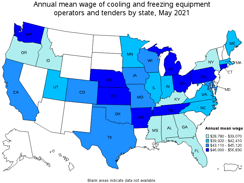 Map of annual mean wages of cooling and freezing equipment operators and tenders by state, May 2021