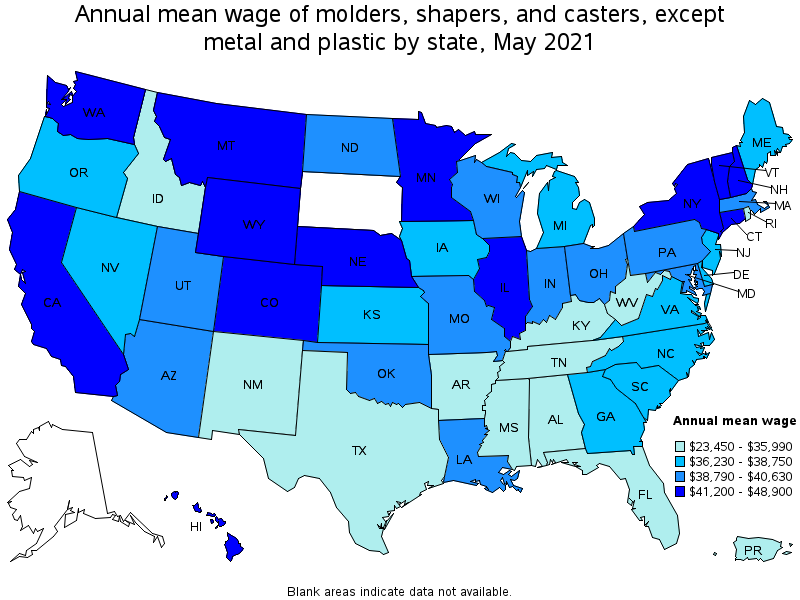 Map of annual mean wages of molders, shapers, and casters, except metal and plastic by state, May 2021