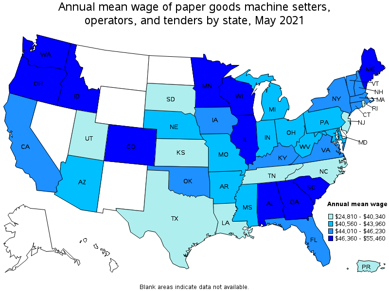 Map of annual mean wages of paper goods machine setters, operators, and tenders by state, May 2021
