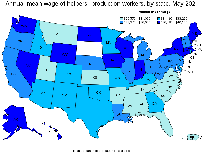 Map of annual mean wages of helpers--production workers by state, May 2021