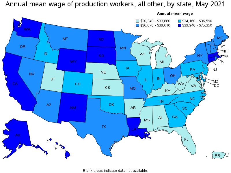 Map of annual mean wages of production workers, all other by state, May 2021