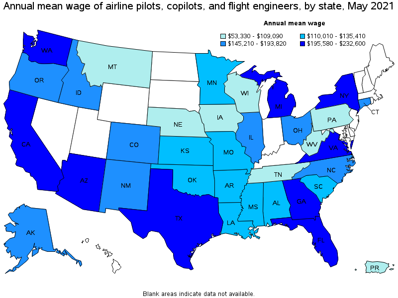 Map of annual mean wages of airline pilots, copilots, and flight engineers by state, May 2021