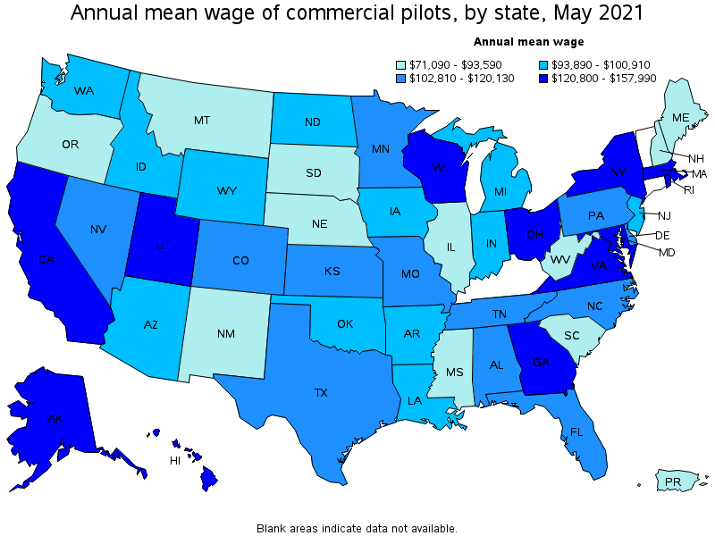 Map of annual mean wages of commercial pilots by state, May 2021