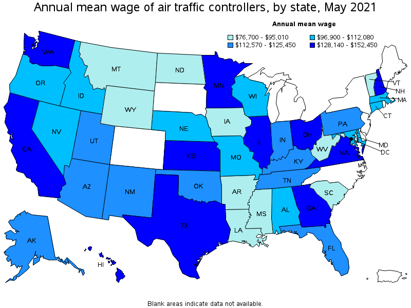 Map of annual mean wages of air traffic controllers by state, May 2021