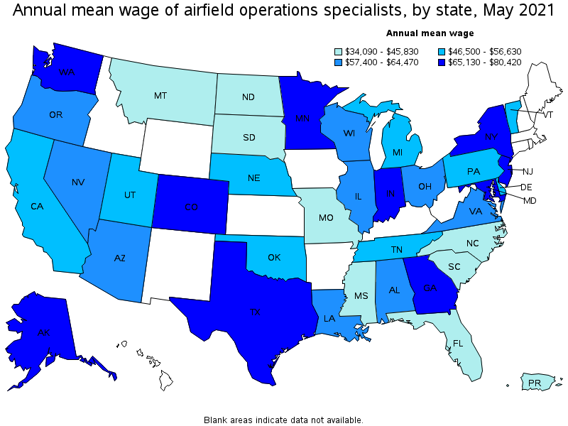 Map of annual mean wages of airfield operations specialists by state, May 2021