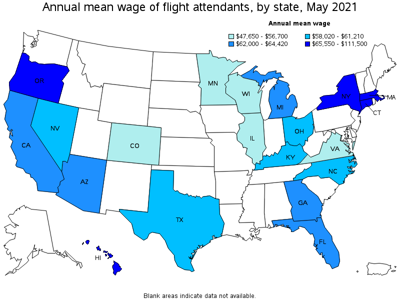 Map of annual mean wages of flight attendants by state, May 2021