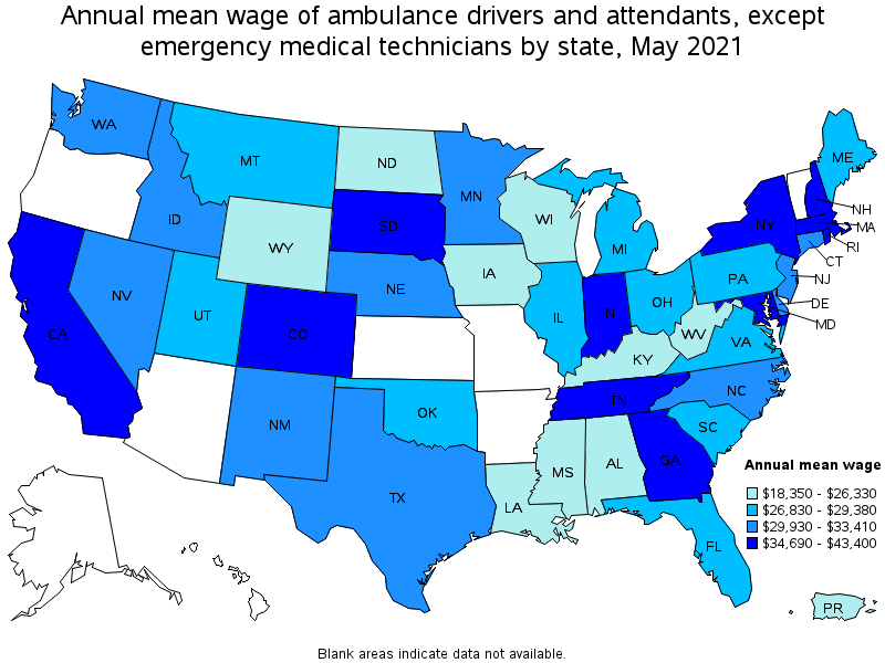 Map of annual mean wages of ambulance drivers and attendants, except emergency medical technicians by state, May 2021
