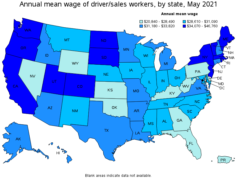 Map of annual mean wages of driver/sales workers by state, May 2021