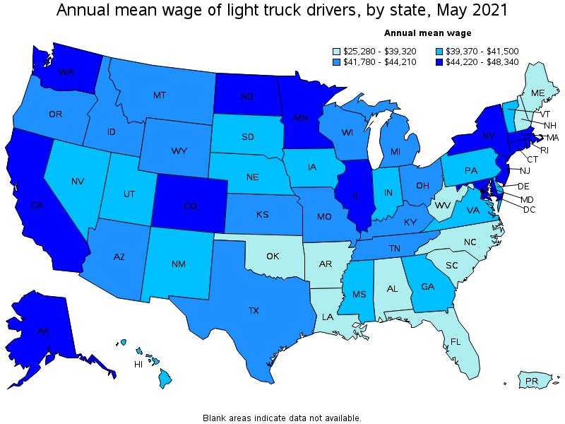 Map of annual mean wages of light truck drivers by state, May 2021