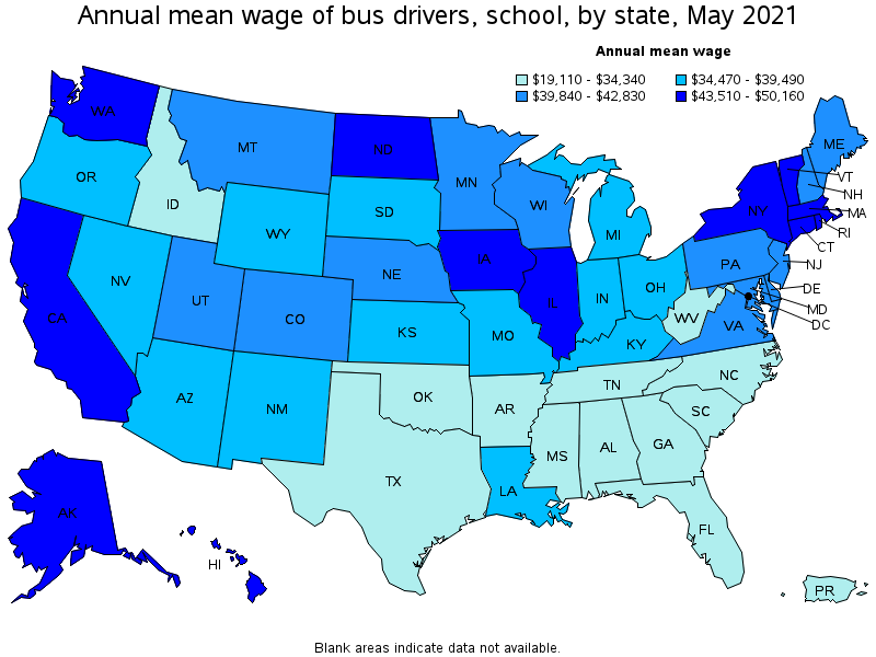 Map of annual mean wages of bus drivers, school by state, May 2021