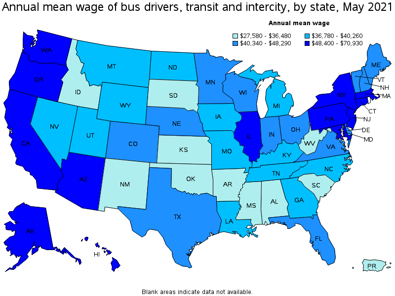 Map of annual mean wages of bus drivers, transit and intercity by state, May 2021