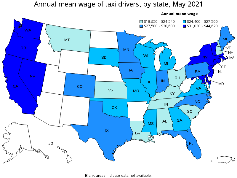 Map of annual mean wages of taxi drivers by state, May 2021