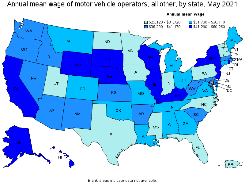 Map of annual mean wages of motor vehicle operators, all other by state, May 2021