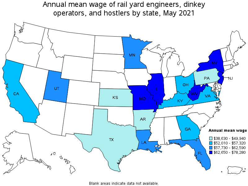 Map of annual mean wages of rail yard engineers, dinkey operators, and hostlers by state, May 2021