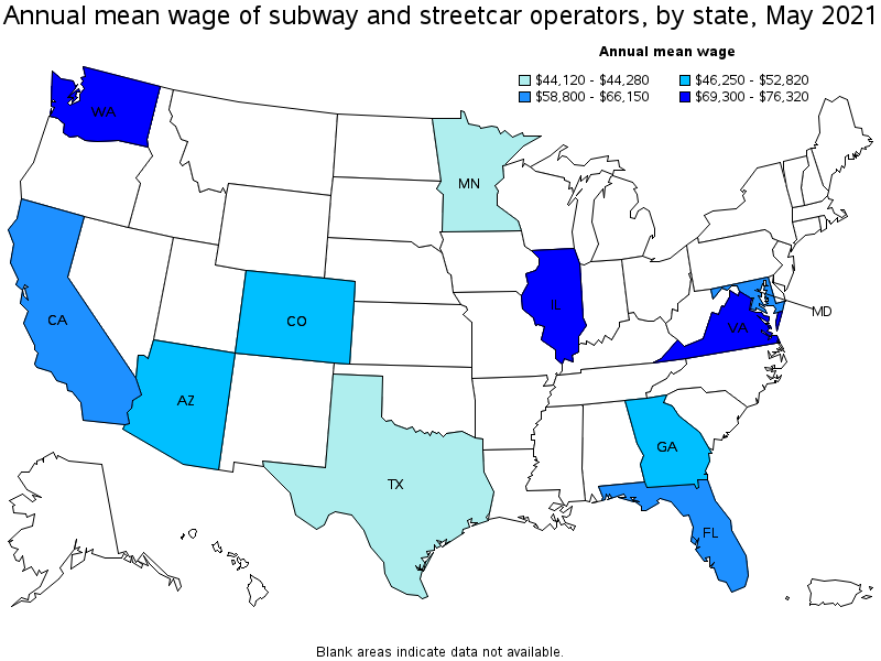 Map of annual mean wages of subway and streetcar operators by state, May 2021