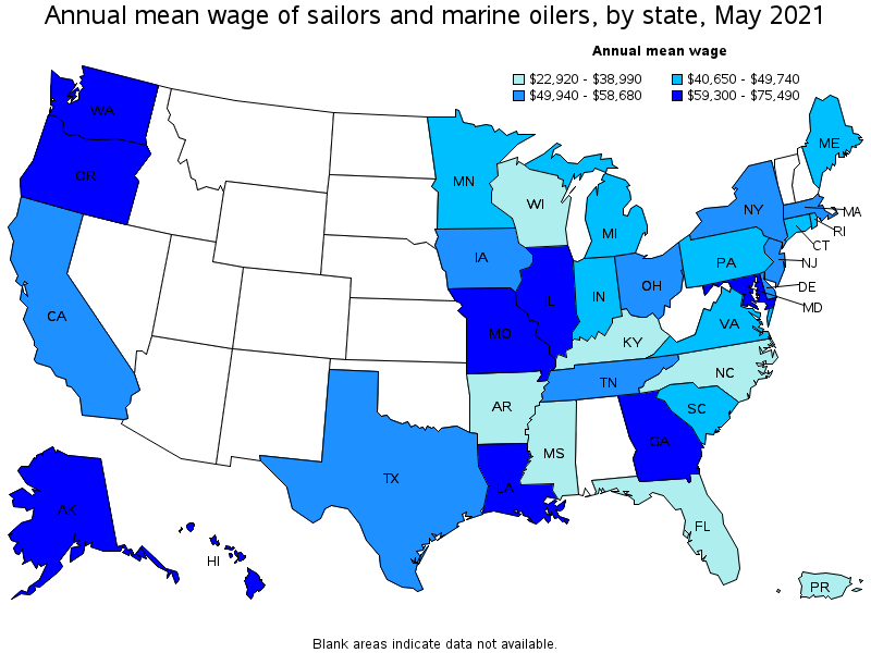 Map of annual mean wages of sailors and marine oilers by state, May 2021