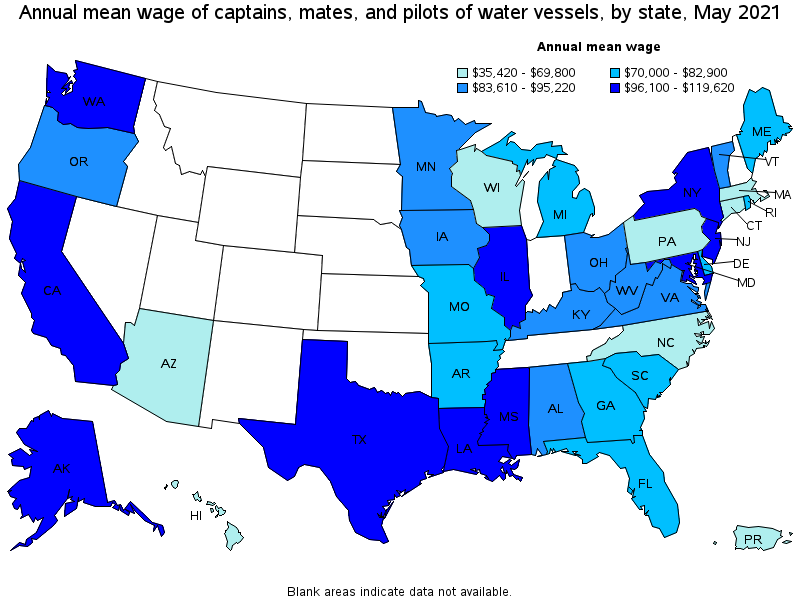 Map of annual mean wages of captains, mates, and pilots of water vessels by state, May 2021