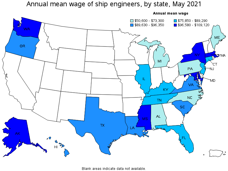 Map of annual mean wages of ship engineers by state, May 2021