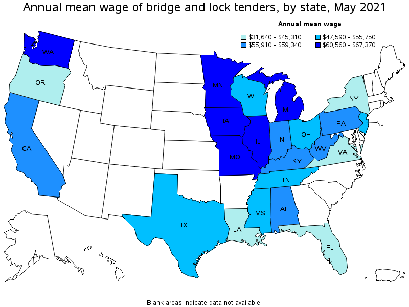 Map of annual mean wages of bridge and lock tenders by state, May 2021