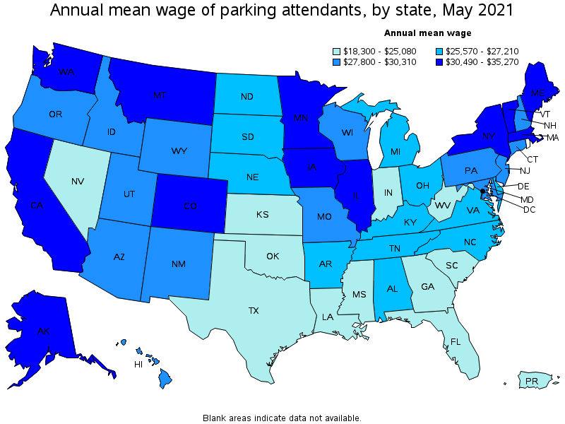 Map of annual mean wages of parking attendants by state, May 2021