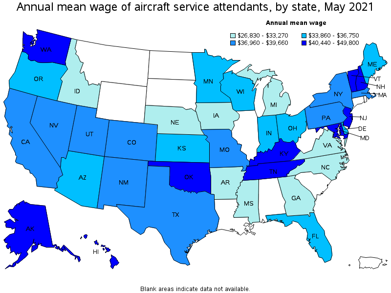 Map of annual mean wages of aircraft service attendants by state, May 2021