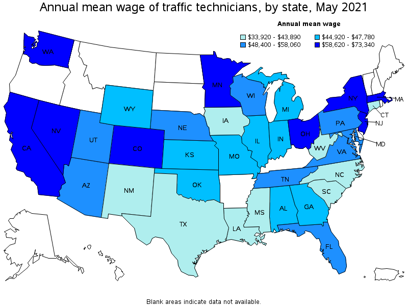 Map of annual mean wages of traffic technicians by state, May 2021