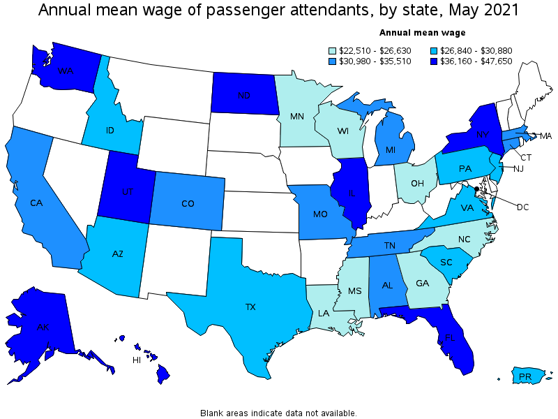 Map of annual mean wages of passenger attendants by state, May 2021