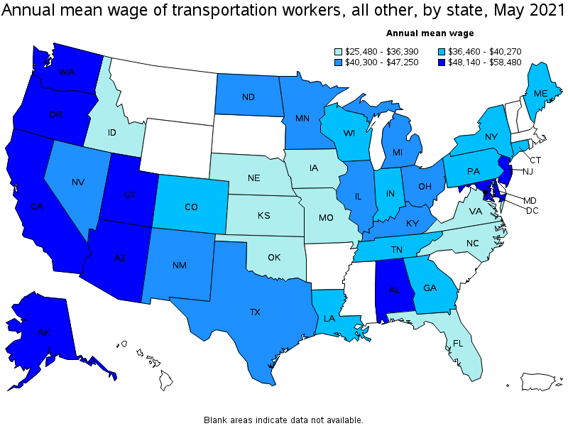 Map of annual mean wages of transportation workers, all other by state, May 2021