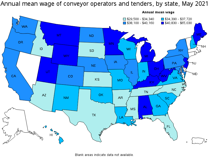 Map of annual mean wages of conveyor operators and tenders by state, May 2021