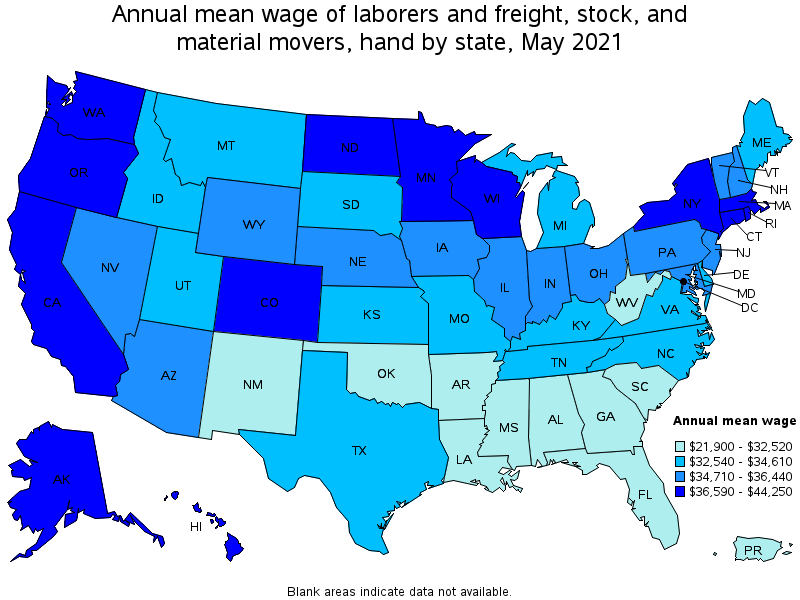 Map of annual mean wages of laborers and freight, stock, and material movers, hand by state, May 2021