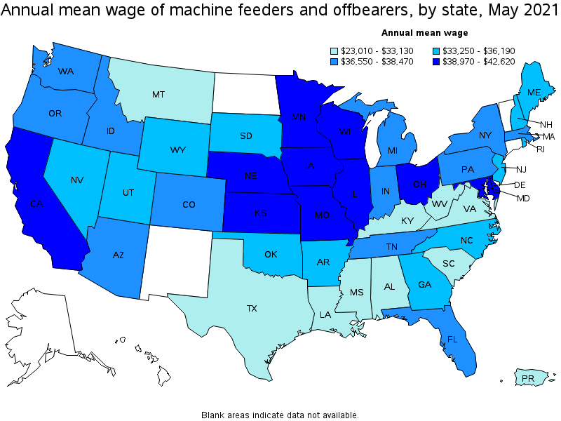 Map of annual mean wages of machine feeders and offbearers by state, May 2021