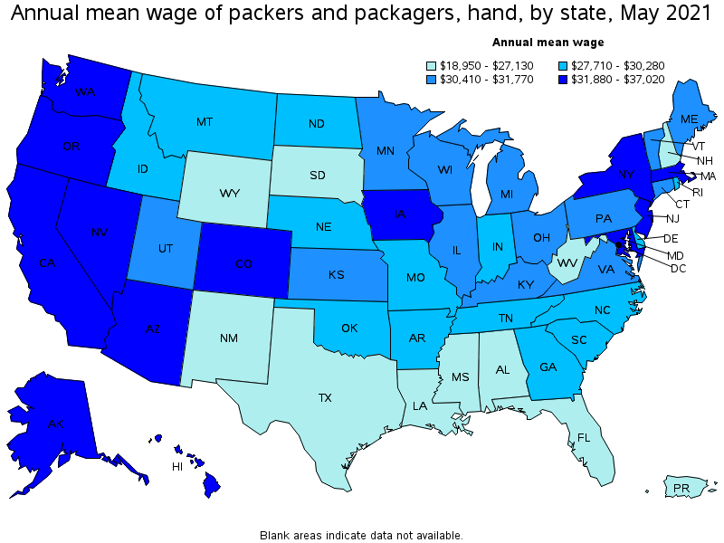 Map of annual mean wages of packers and packagers, hand by state, May 2021