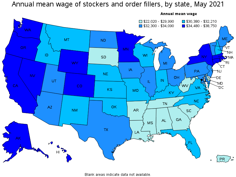 Map of annual mean wages of stockers and order fillers by state, May 2021