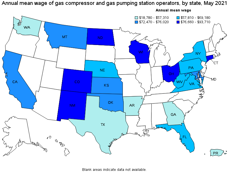 Map of annual mean wages of gas compressor and gas pumping station operators by state, May 2021