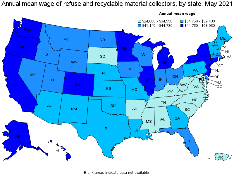 Map of annual mean wages of refuse and recyclable material collectors by state, May 2021