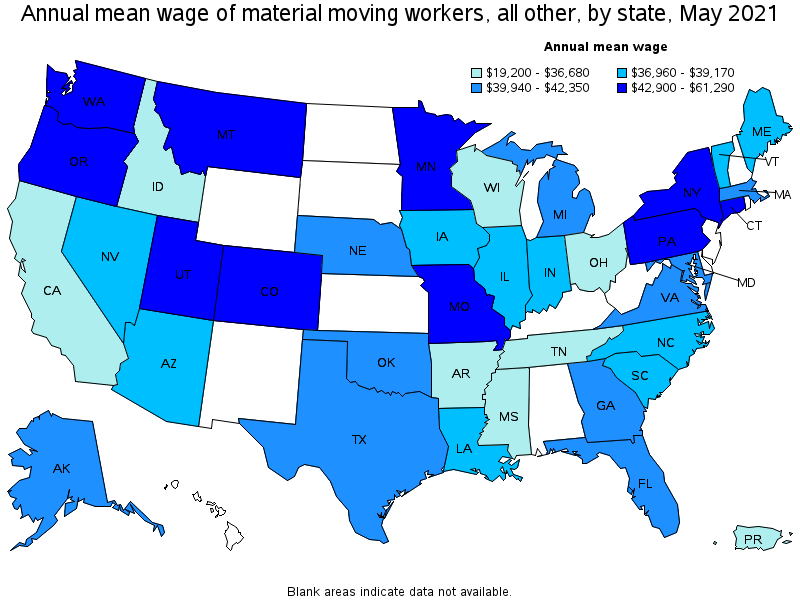 Map of annual mean wages of material moving workers, all other by state, May 2021