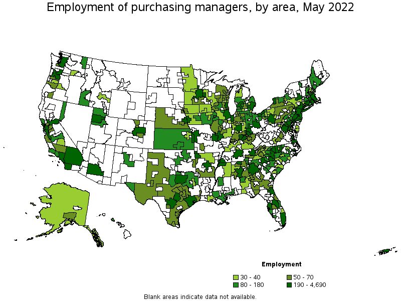 Map of employment of purchasing managers by area, May 2022