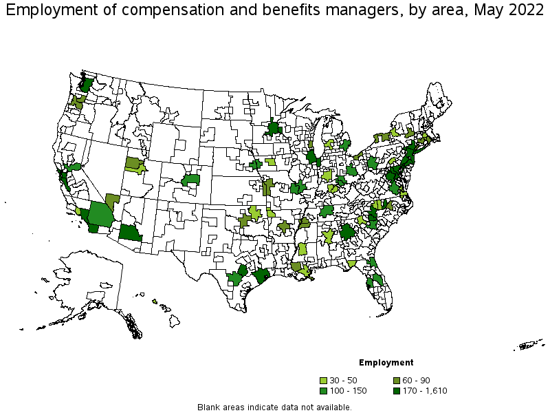 Map of employment of compensation and benefits managers by area, May 2022