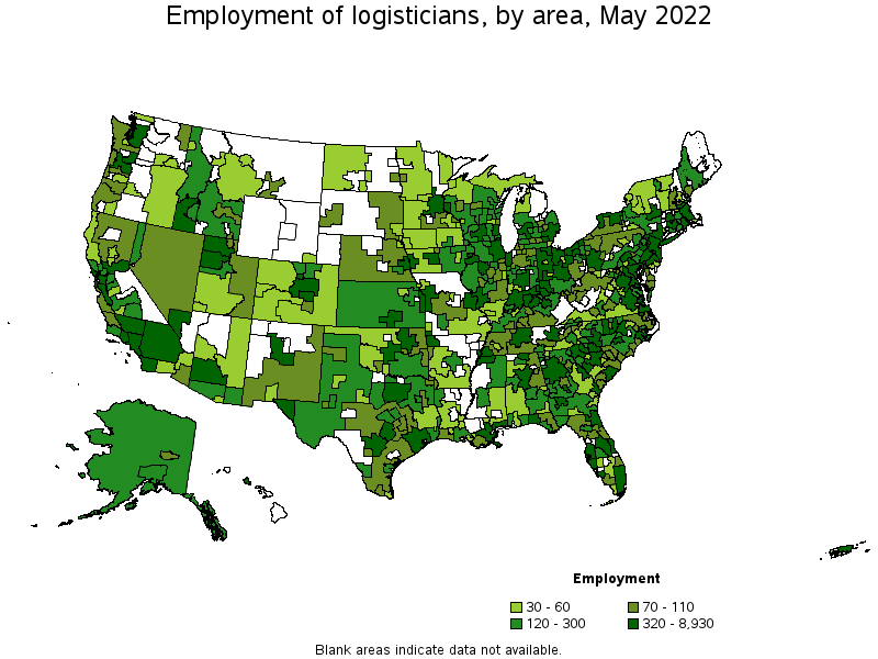 Map of employment of logisticians by area, May 2022